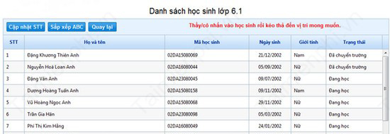 Cập nhật thứ tự học sinh bằng smas