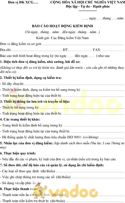 Mẫu báo cáo hoạt động kiểm định của đơn vị kiểm định xe cơ giới