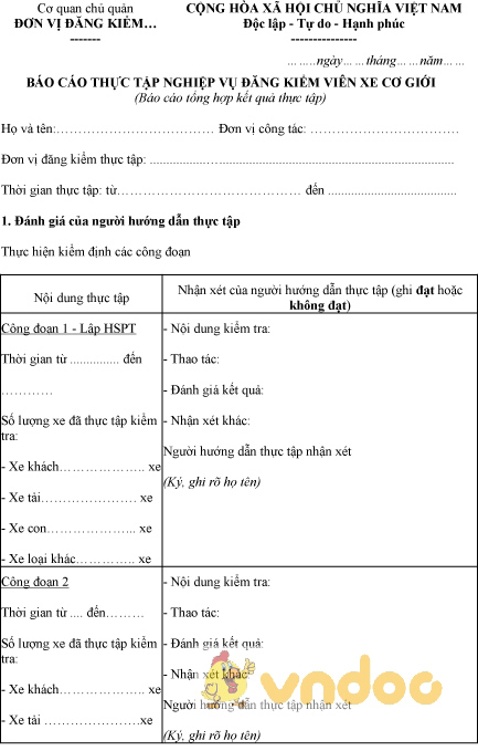 Mẫu báo cáo tổng hợp thực tập nghiệp vụ đăng kiểm viên xe cơ giới