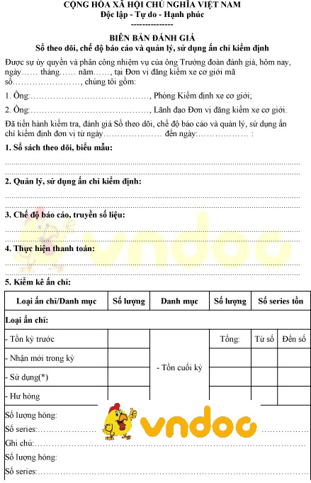 Mẫu biên bản đánh giá sổ theo dõi, chế độ báo cáo và quản lý sử dụng ấn chỉ kiểm định