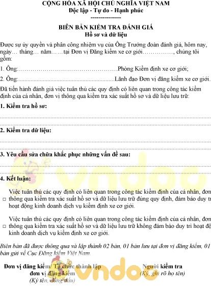 Mẫu biên bản kiểm tra đánh giá hồ sơ và dữ liệu