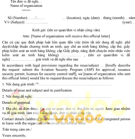 Mẫu công văn đề nghị chấp thuận chương trình, quy chế an ninh hàng không