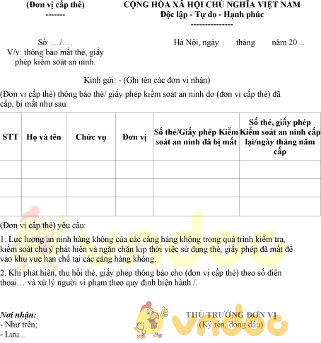 Mẫu thông báo mất thẻ, giấy phép kiểm soát an ninh