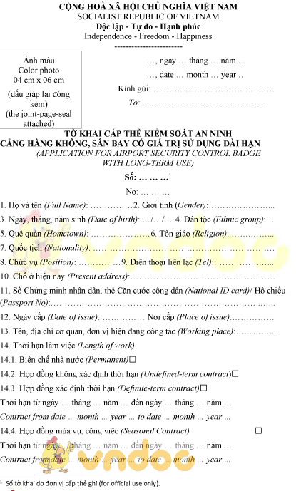 Mẫu tờ khai cấp thẻ kiểm soát an ninh cảng hàng không