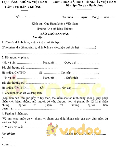 Mẫu báo cáo ban đầu vụ việc vi phạm an ninh hàng không