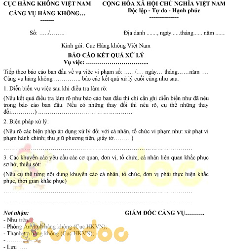 Mẫu báo cáo kết quả xử lý vụ việc vi phạm an ninh hàng không