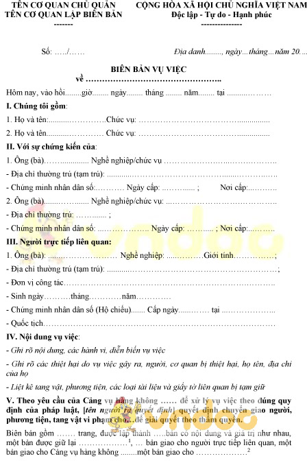 Mẫu biên bản vụ việc vi phạm an ninh hàng không