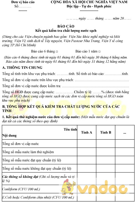 Mẫu báo cáo kết quả kiểm tra chất lượng nước sạch
