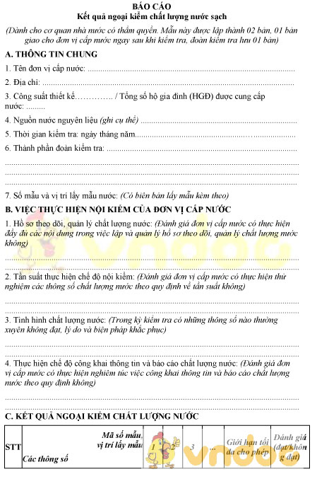 Mẫu báo cáo kết quả ngoại kiểm chất lượng nước sạch