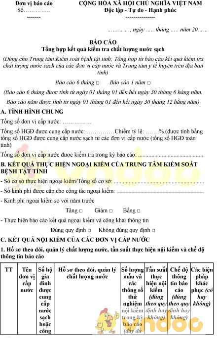 Mẫu báo cáo tổng hợp kết quả kiểm tra chất lượng nước sạch