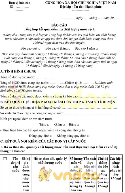 Mẫu báo cáo tổng hợp kết quả kiểm tra chất lượng nước sạch dùng cho y tế huyện