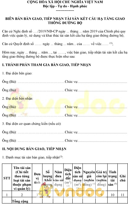 Mẫu biên bản bàn giao, tiếp nhận tài sản kết cấu hạ tầng giao thông đường bộ