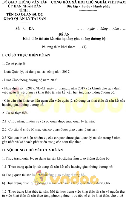 Mẫu đề án khai thác tài sản kết cấu hạ tầng giao thông đường bộ