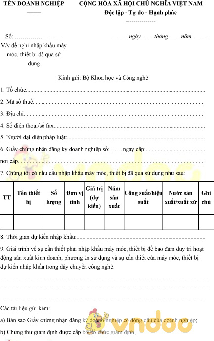 Mẫu đơn đề nghị nhập khẩu máy móc, thiết bị đã qua sử dụng