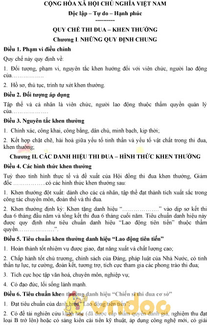 Mẫu quy chế thi đua khen thưởng