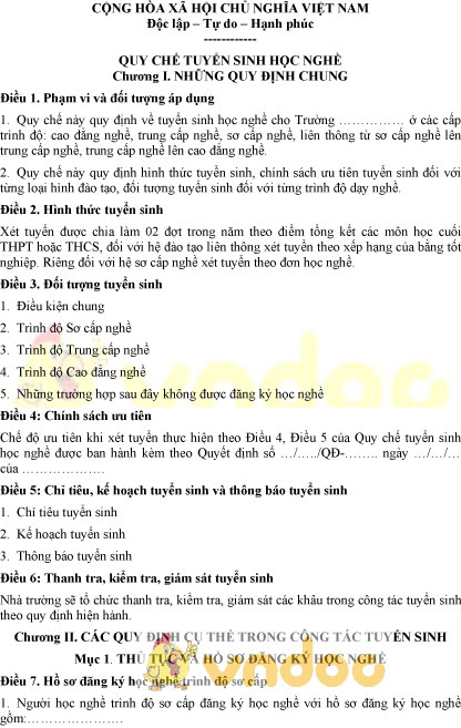 Mẫu quy chế tuyển sinh học nghề