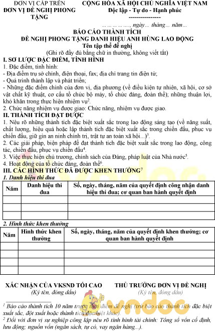 Mẫu báo cáo thành tích đề nghị phong tặng danh hiệu anh hùng lao động của viện kiểm sát