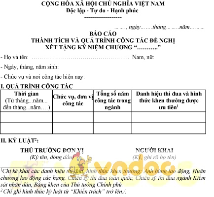 Mẫu báo cáo thành tích và quá trình công tác đề nghị xét tặng kỷ niệm chương