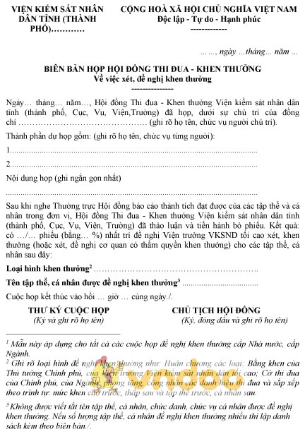 Mẫu biên bản họp hội đồng thi đua khen thưởng của Viện kiểm sát