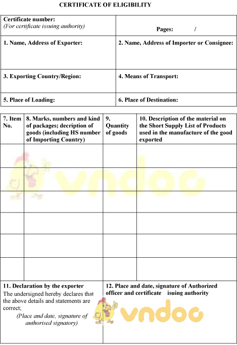 Mẫu chứng thư xuất khẩu