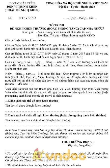 Mẫu tờ trình đề nghị khen thưởng cấp nhà nước của Viện kiểm sát