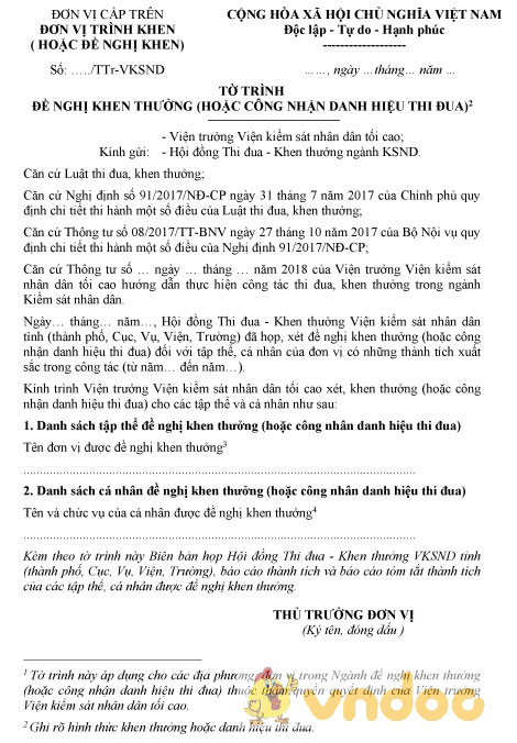 Mẫu tờ trình đề nghị khen thưởng của Viện kiểm sát tối cao