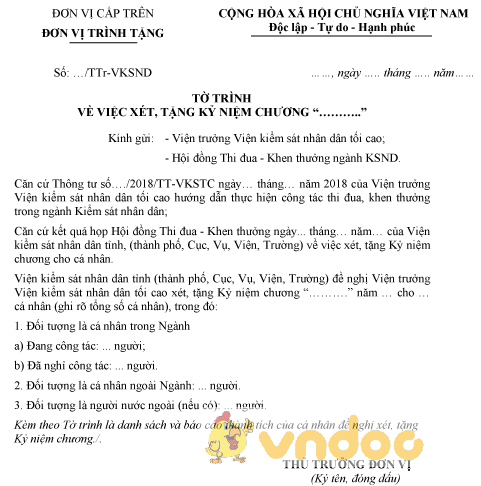 Mẫu tờ trình xét, tặng kỷ niệm chương của Viện kiểm sát