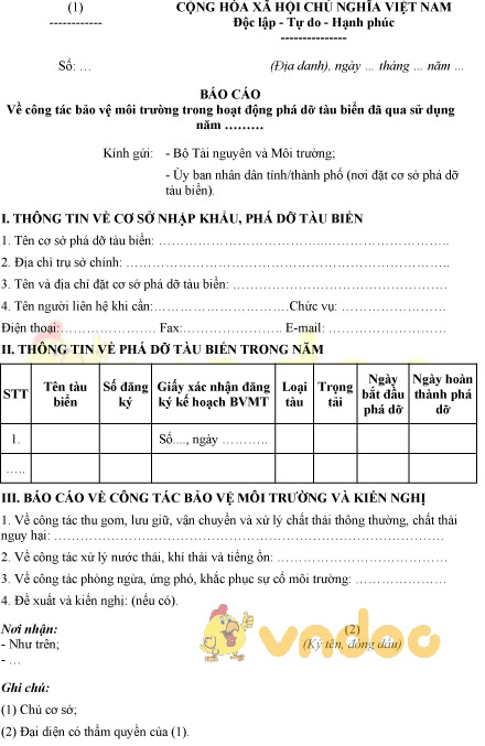 Mẫu báo cáo công tác bảo vệ môi trường trong hoạt động phá dỡ tàu biển