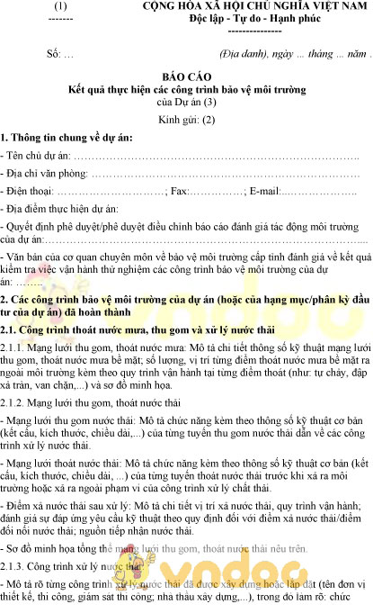 Mẫu báo cáo kết quả thực hiện các công trình bảo vệ môi trường