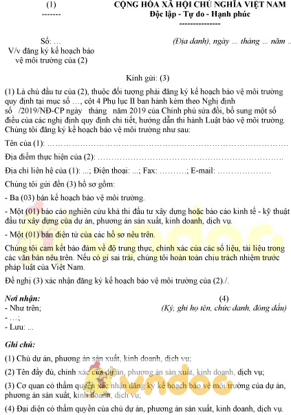 Mẫu đề nghị đăng ký kế hoạch bảo vệ môi trường