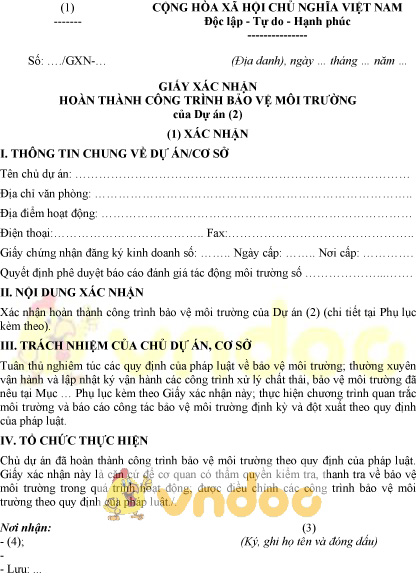 Mẫu giấy xác nhận hoàn thành công trình bảo vệ môi trường