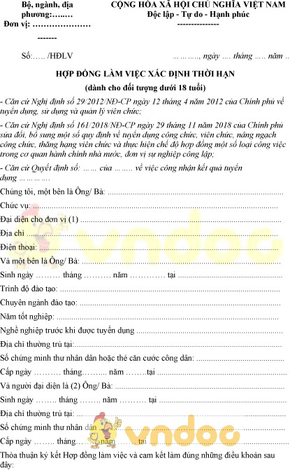 Mẫu hợp đồng làm việc xác định thời hạn dành cho đối tượng dưới 18 tuổi