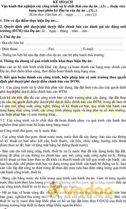 Mẫu kế hoạch vận hành thử nghiệm các công trình xử lý chất thải