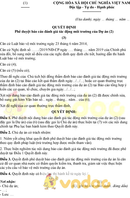 Mẫu quyết định phê duyệt báo cáo đánh giá tác động môi trường