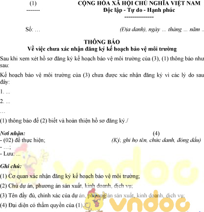 Mẫu thông báo chưa xác nhận đăng ký kế hoạch bảo vệ môi trường