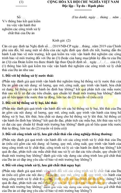 Mẫu thông báo kết quả kiểm tra vận hành thử nghiệm công trình xử lý chất thải