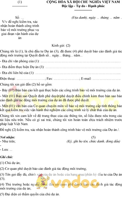 Mẫu văn bản đề nghị kiểm tra, xác nhận hoàn thành công trình bảo vệ môi trường