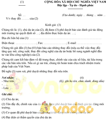 Mẫu văn bản đề nghị thay đổi của chủ dự án