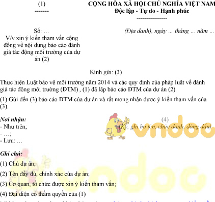 Mẫu văn bản xin ý kiến tham vấn cộng đồng về báo cáo đánh giá tác động môi trường