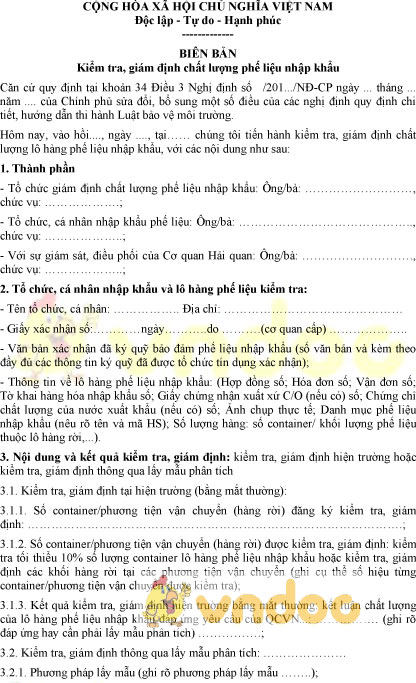 Mẫu biên bản kiểm tra, giám định chất lượng phế liệu nhập khẩu