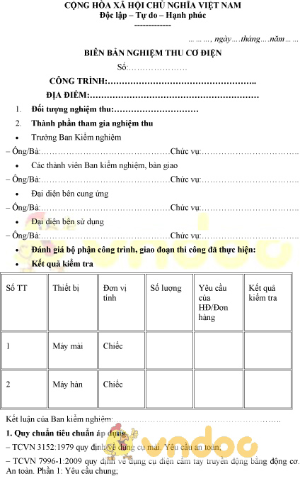 Mẫu biên bản nghiệm thu cơ điện