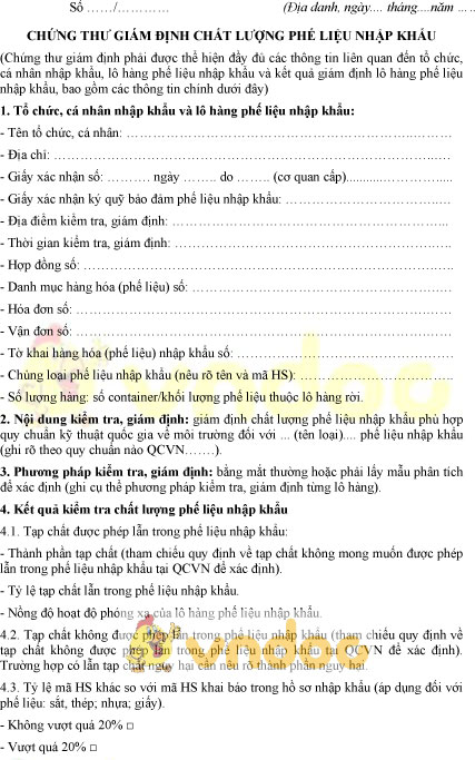 Mẫu chứng thư giám định chất lượng phế liệu nhập khẩu