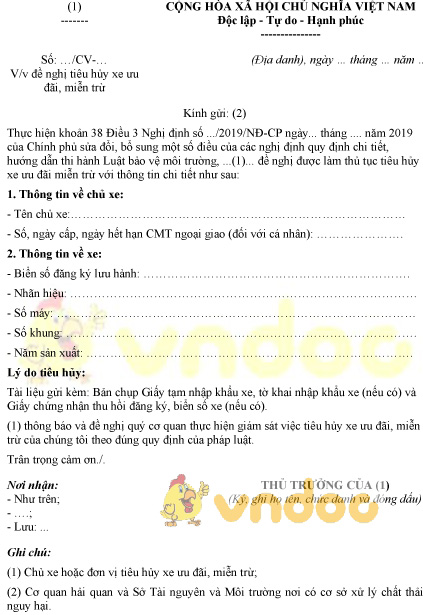 Mẫu đơn đề nghị tiêu hủy xe ưu đãi, miễn trừ