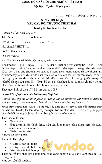 Mẫu đơn khởi kiện bồi thường do làm hư xe