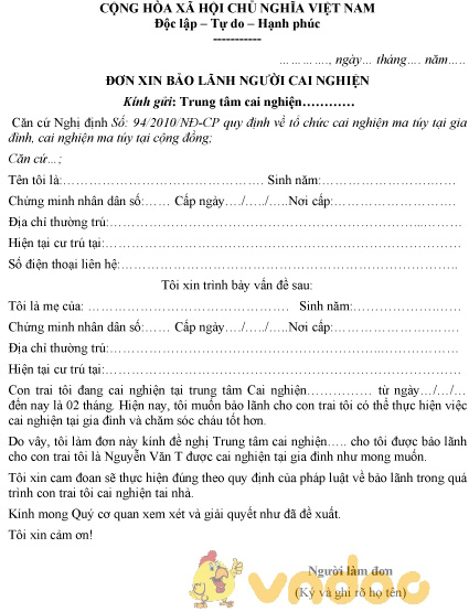 Mẫu đơn xin bảo lãnh người cai nghiện