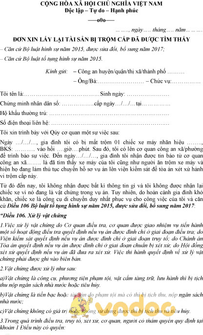 Mẫu đơn xin lấy lại tài sản bị trộm cắp đã được tìm thấy