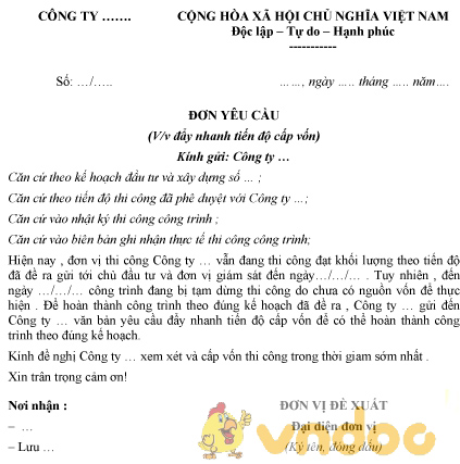 Mẫu đơn yêu cầu đẩy nhanh tiến độ cấp vốn