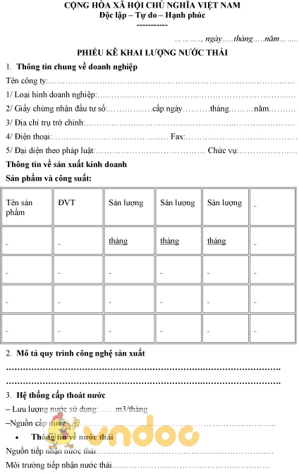 Mẫu phiếu kê khai lượng nước thải