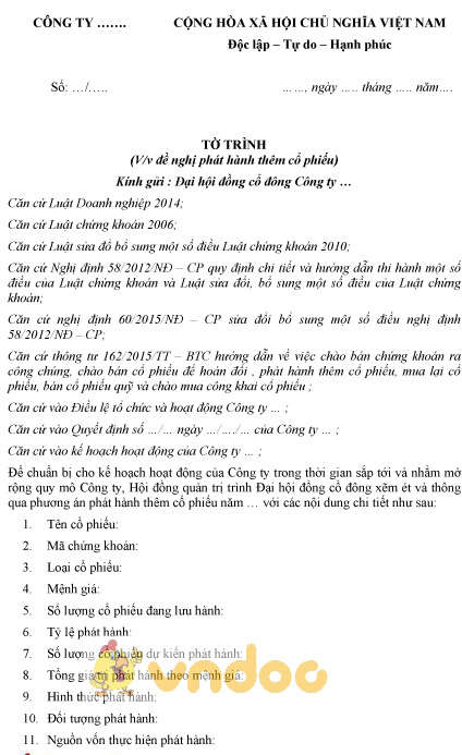 Mẫu tờ trình đề nghị phát hành thêm cổ phiếu