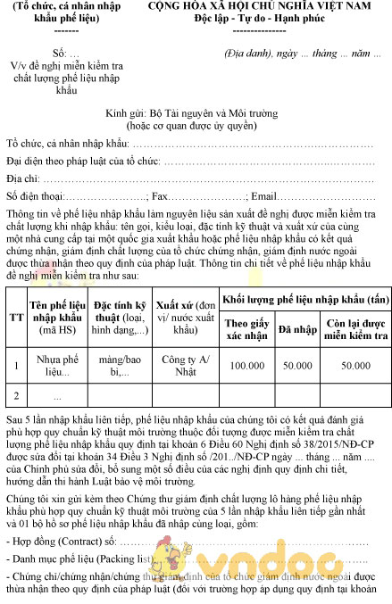 Mẫu văn bản đề nghị miễn kiểm tra chất lượng phế liệu nhập khẩu